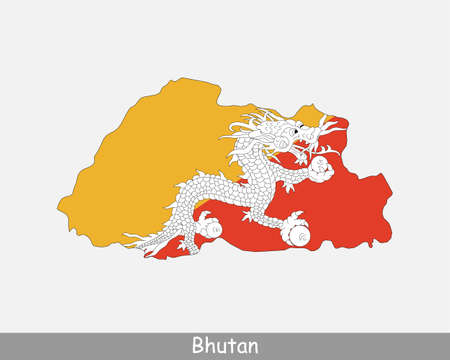 Bhutan Map Flag. Map of Bhutan with the Bhutanese national flag isolated on white background. Vector illustration.のイラスト素材