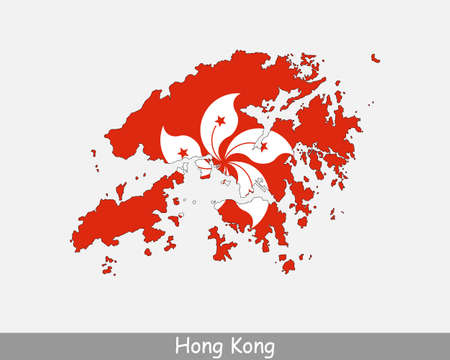 Hong Kong Map Flag. Map of Hong Kong with the Hong Kongese national flag isolated on white background. Vector Illustration.のイラスト素材