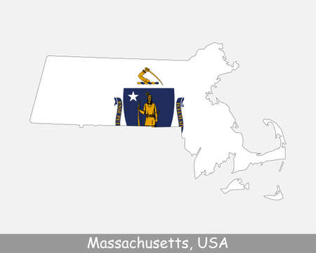 Massachusetts Map Flag. Map of MA, USA with the state flag isolated on white background. United States, America, American, United States of America, US State. Vector illustration.のイラスト素材