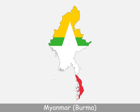 Myanmar Burma Flag Map. Map of the Republic of the Union of Myanmar with the Burmese national flag isolated on white background. Vector Illustration.のイラスト素材