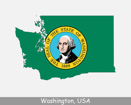 Washington State Map Flag. Map of WA, USA with the state flag isolated on a white background. United States, America, American, United States of America, US State. Vector illustration.のイラスト素材