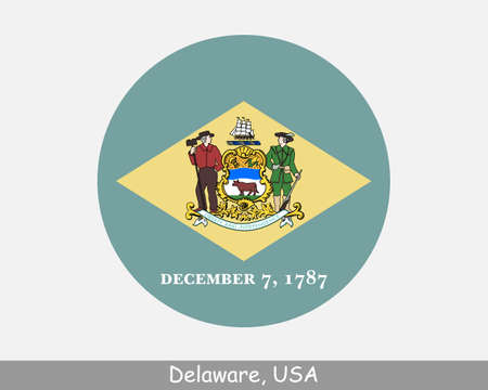 Delaware Round Circle Flag. DE USA State Circular Button Banner Icon. Delaware United States of America State Flag. The First State  Vectorのイラスト素材