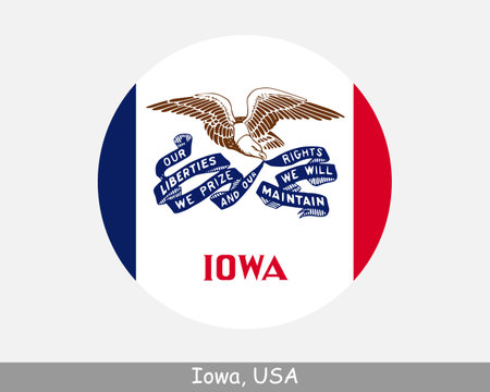 Iowa Round Circle Flag. IA USA State Circular Button Banner Icon. Iowa United States of America State Flag. Hawkeye State Vectorのイラスト素材