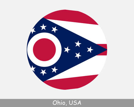 Ohio Round Circle Flag. OH USA State Circular Button Banner Icon. Ohio United States of America State Flag. The Buckeye State, Birthplace of Aviation, The Heart of It All,  Vectorのイラスト素材