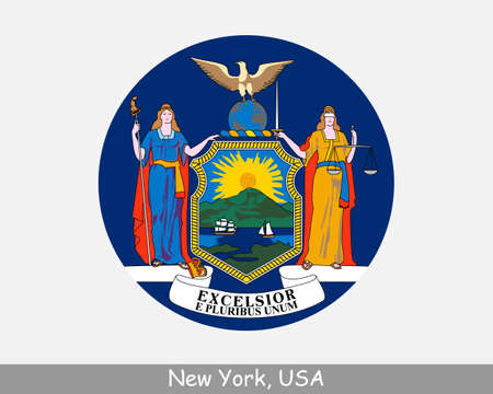 New York Round Circle Flag. NY USA State Circular Button Banner Icon. New York United States of America State Flag. The Empire State  Vectorのイラスト素材