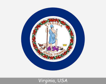 Virginia Round Circle Flag. VA USA State Circular Button Banner Icon. Virginia United States of America  Flag. Old Dominion, Mother of Presidents,  Vectorのイラスト素材