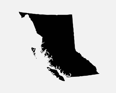 British Columbia Canada Map Black Silhouette. BC, Canadian Province Shape Geography Atlas Border Boundary. Black Map Isolated on a White Background.のイラスト素材
