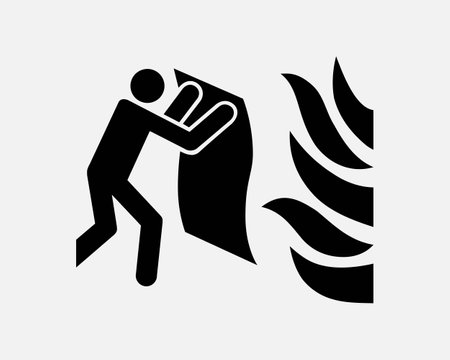 Fire Blanket Extinguisher. Person Putting Out Flames Black White Silhouette illustrationのイラスト素材
