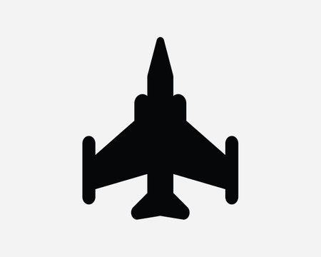 Fighter Jet Black and White Icon. Military Aircraft Sign Artwork. Fight War Airplane Vector Illustration Clipart Symbol. Air Force Plane Top View Silhouette.のイラスト素材