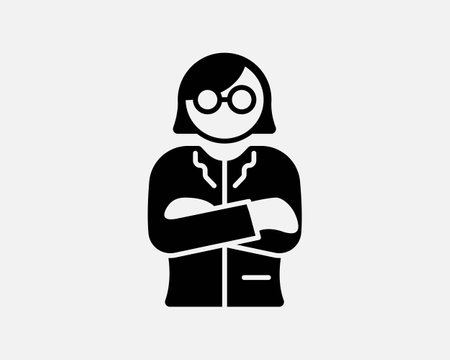 Female Boss Icon. Woman Girl Employer Manager Angry Worker Employee Arm Fold Crossed Sign Symbol Black Artwork Graphic Illustration Clipart EPS Vectorのイラスト素材