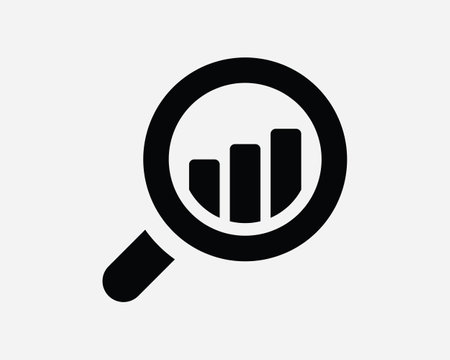Market Research Icon. Bar Chart Analysis Search Magnifying Glass Statistic Market Data. Black White Sign Symbol Artwork Graphic Clipart EPS Vectorのイラスト素材
