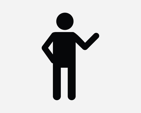 Stick Figure Waving Icon. Man Person Character Pose Gesture Show Point Pointing Show Stand Black White Graphic Clipart Artwork Symbol Sign Vector EPSのイラスト素材