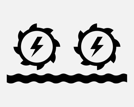 Hydroelectricity Hydro Water Turbine Clean Energy Electricity Power Generator Rotate Renewable Resources Green Carbon Neutral Climate Change Black White Icon Sign Symbol Graphic Illustration Vectorのイラスト素材