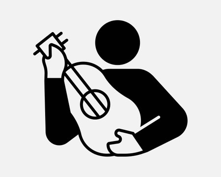 Guitar Player Musician Human Person Stick Figure Stickman Icon Sign Symbol Music Playing Strum Strumming Song Play Black Vector Shape Musical Concertのイラスト素材