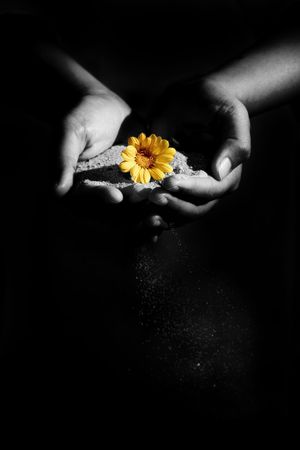 a woman holding sand and a flower. Shot was manipulated in PSの写真素材