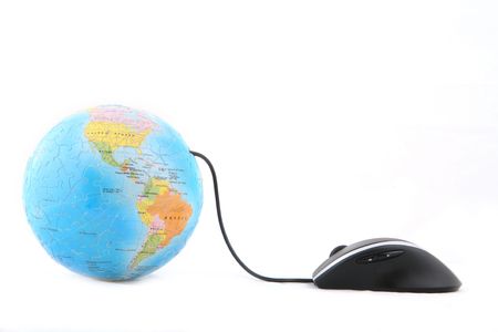 Isolated ergonomic mouse and a globe shot over white backgroundの写真素材