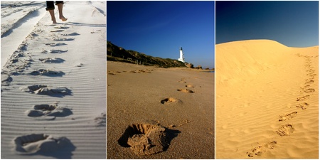 Various close-up photos of footprints on sandの写真素材