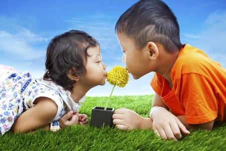 Adorable kids kissing yellow flower on the green grassの写真素材
