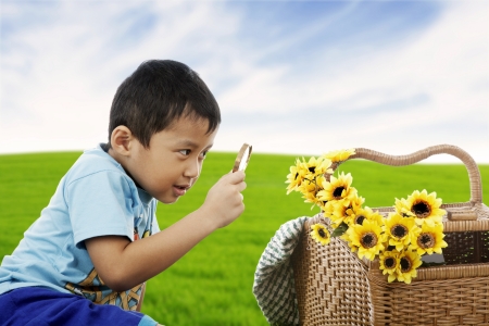 Little boy playing on green meadow examining field flowers using magnifying glass の写真素材