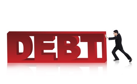 Asian businessman pushing a large version of the word Debt on white backgroundの写真素材