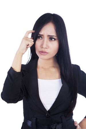 Beautiful businesswoman is confused isolated over white Beautiful businesswoman is confused isolated over white