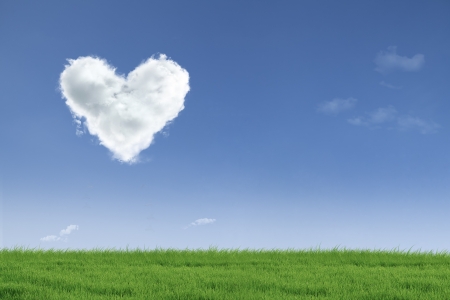 Heart shape cloud floating in the air over green fieldの写真素材