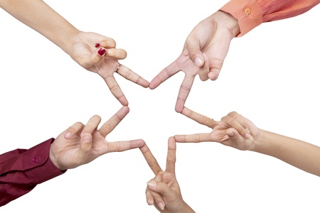 Five hands making a star shape on white backgroundの写真素材