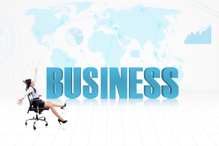 Happy businesswoman sitting on the chair  with world map backgroundの写真素材