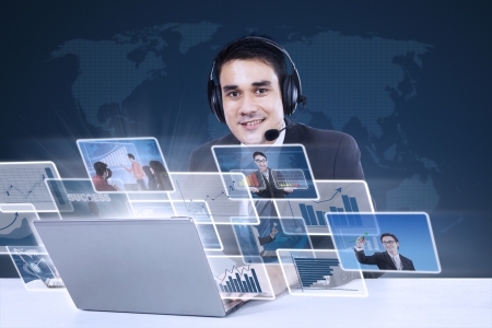 Customer service with internet online on blue world map background