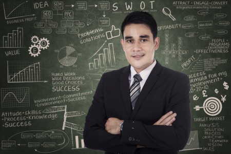 Asian businessman standing over success formula. Shot in the classの写真素材