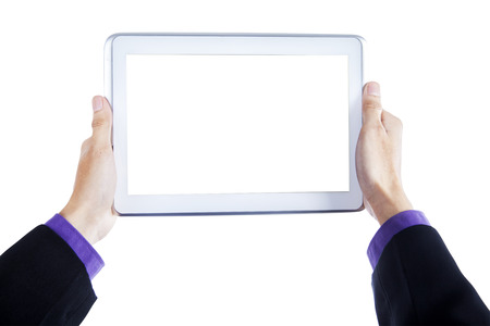 Man hands holding tablet pc with blank screen