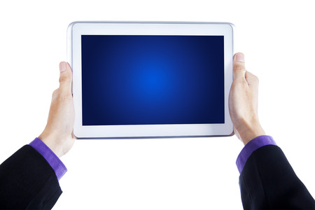 Businessman hands holding a tablet computer isolated on white background