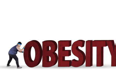 Portrait of fat man with an obesity word, isolated over white background