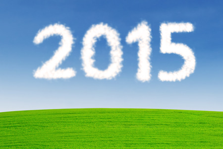 Green meadow with clouds shaped number 2015の写真素材
