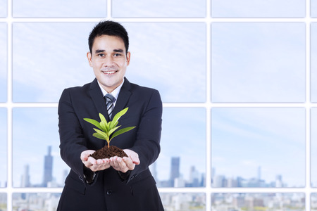 Portrait of businessman holding green plant at officeの写真素材