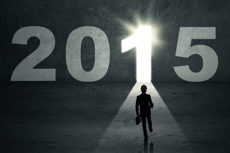 Silhouette businessman carrying briefcase and walk into a future door to his dream in 2015