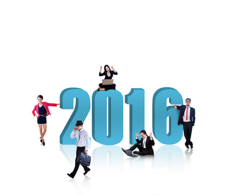 Image of busy businesspeople with numbers 2016. Isolated on white background. New year conceptの写真素材