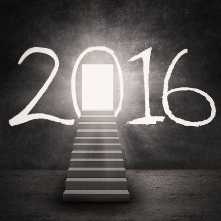 Image of a shining door with numbers 2016 and a stairway. Concept of a door toward the future