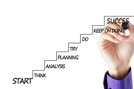 Close up of businessman hand drawing a ladder with strategy plan to success, isolated on white backgroundの写真素材