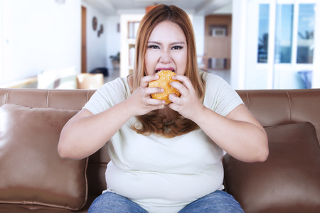 Portrait of obese woman sitting on sofa while eating hamburger at homeの写真素材