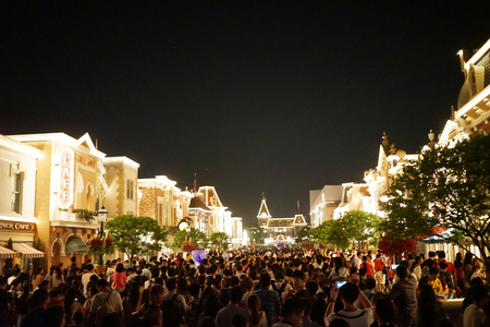 HONG KONG, China. April 21, 2017: Picture of crowded people in Hong Kong Disneyland at nightのeditorial素材
