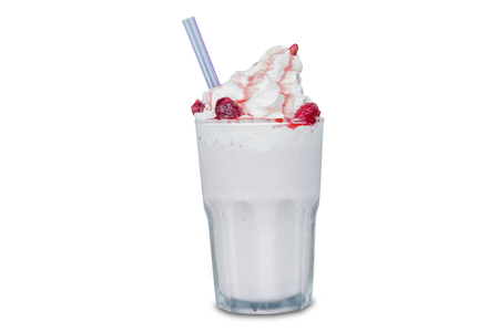 Image of a glass of fresh ice cream with raspberries and straw in the studio, isolated on white backgroundの写真素材
