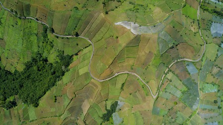 Beautiful aerial view of farmland hill landscape with terraced system and road in Majalengka, West...