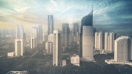 JAKARTA, Indonesia. May 19, 2017: Aerial view of Jakarta skyline with skyscrapers at sunset timeのeditorial素材