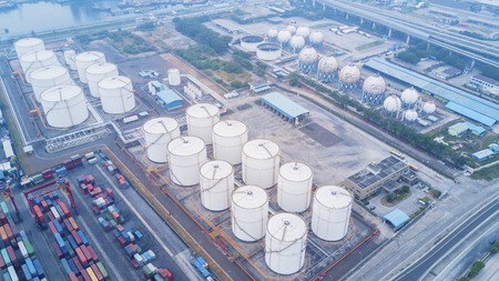 JAKARTA, Indonesia. July 10, 2017: Aerial view of oil tanks and containers terminal in Tanjung Priok industrial portのeditorial素材