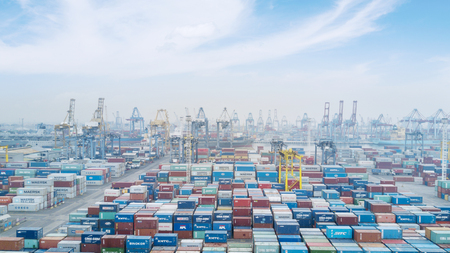 JAKARTA, Indonesia. July 10, 2017: Aerial view of containers and crane in Tanjung Priok industrial...