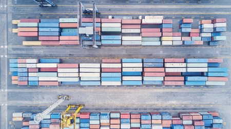 JAKARTA, Indonesia. July 10, 2017: Top view of stacked cargo containers in the industrial port terminalのeditorial素材