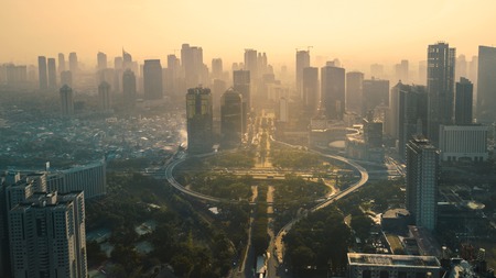 JAKARTA, Indonesia. May 12, 2017: Aerial view under overpass in the city. Shot at sunset timeのeditorial素材