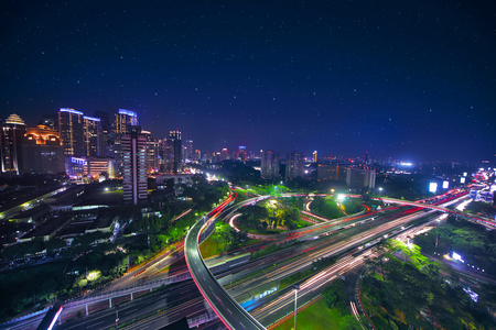 Bird view of the beautiful Semanggi road intersection in the central business, shot at night time