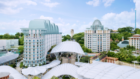 Singapore. November 06, 2017: Aerial landscape of Sentosa Merlion and Crockfords Tower Hotel in Sentosa Islandのeditorial素材